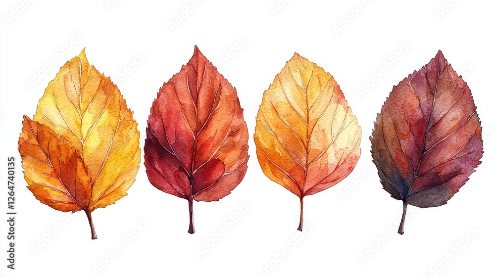 Four vibrant autumn leaves showcasing various shades of orange and yellow against a white background Four vibrant autumn leaves showcasing various shades of orange and yellow against a white background