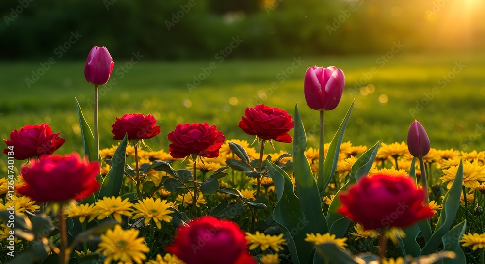 Obraz premium Vibrant Sunset Garden Tulips and Red Flowers Landscape