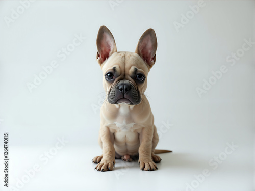 Adorable Fawn French Bulldog Puppy Portrait, Large Eyes, Bat Ears, White Background, Cute Canine Pet photo