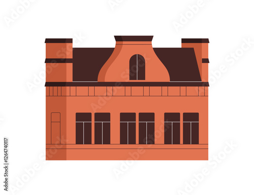 Municipal building exterior. Old architecture construction with red-brick facade. House with attic, windows. Historic structure from outside. Flat vector illustration isolated on white background