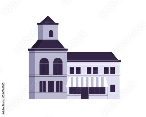 Old urban building, historic facade. European city architecture, tower, awnin...