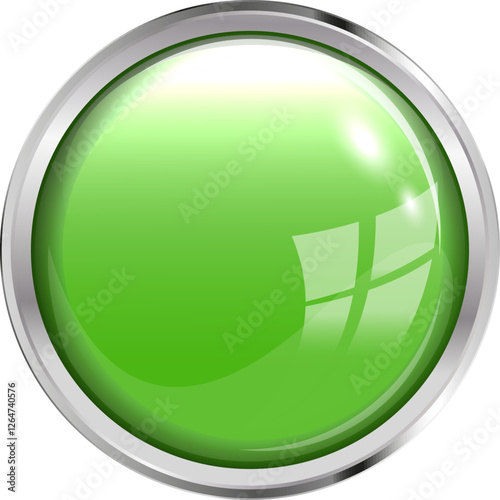 Green glass button with reflection in silver frame. Vector illustration for apps, animation or program. Premium Vector