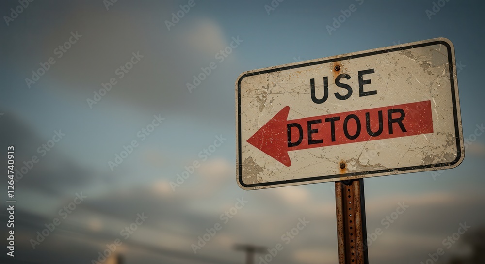 Use Detour Road Sign with Red Arrow Pointing Left Under Cloudy Sky Use Detour Road Sign with Red Arrow Pointing Left Under Cloudy Sky