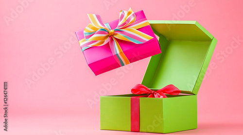 a magenta colored gift box jumping out of an open lime green gift box with colorful ribbon, pink background photo