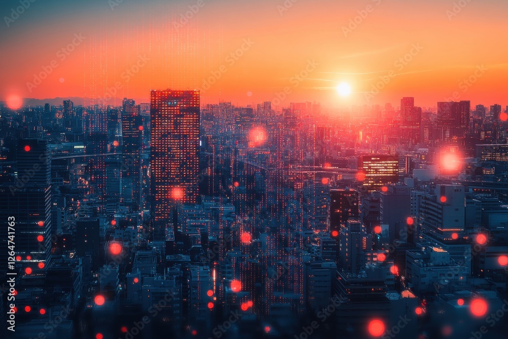 Fototapeta premium Stunning Sunset Over a Vibrant Cityscape with Digital Effects and Dazzling Light Reflections