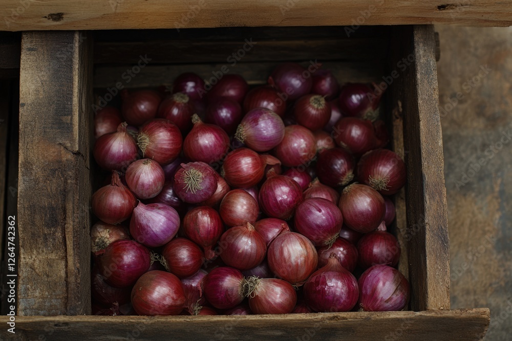 Fresh red onions in rustic wooden box