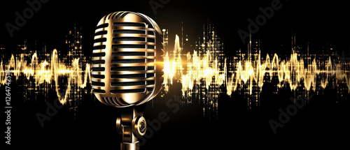 A vintage microphone in gold color stands against a black backdrop, surrounded by dynamic sound waves, symbolizing music and audio technology.