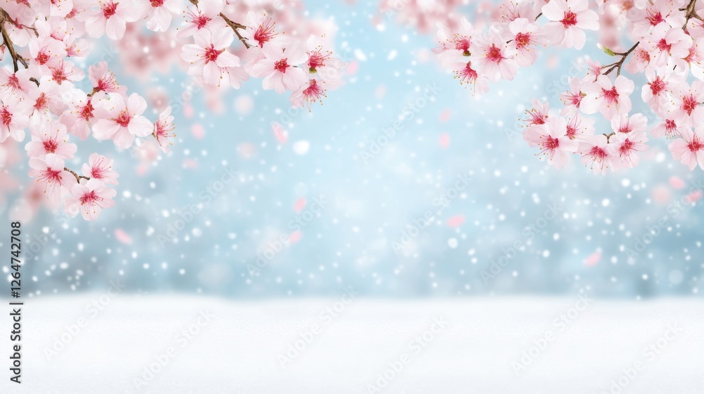 Fototapeta premium A serene scene featuring cherry blossoms against a soft blue background, with gentle snowflakes falling, creating a peaceful winter ambiance.