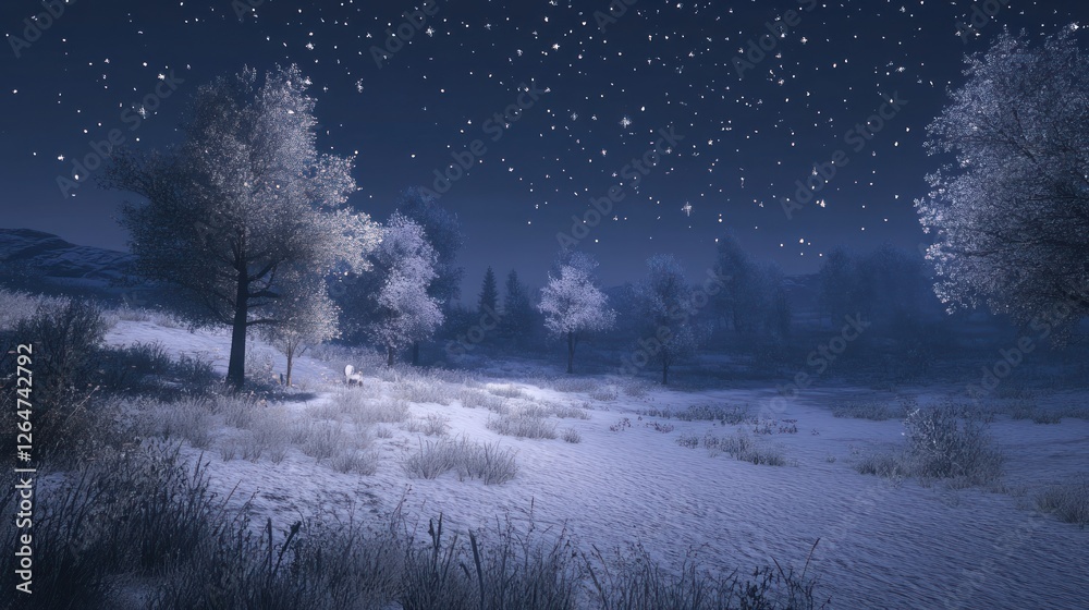 Enchanted Snowy Forest Under a Starry Night Sky with Tranquil Ambience Enchanted Snowy Forest Under a Starry Night Sky with Tranquil Ambience