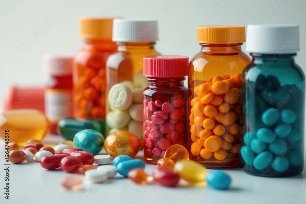 Variety of pills, tablets, and capsules in bottles , blue, capsules, pharmacy Variety of pills, tablets, and capsules in bottles , blue, capsules, pharmacy