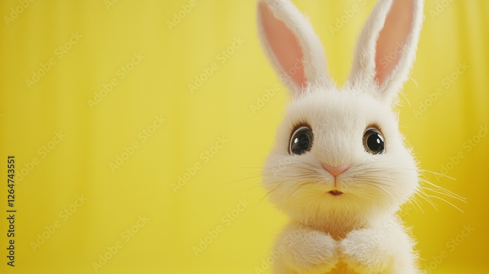 Soft fur and big eyes characterize the adorable Easter bunny, standing out vividly against a cheerful yellow backdrop, celebrating the joyful spirit of the season Soft fur and big eyes characterize the adorable Easter bunny, standing out vividly against a cheerful yellow backdrop, celebrating the joyful spirit of the season