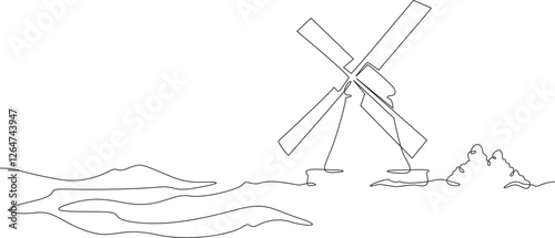 Continuous one line drawing windmill.An old mill on the plain. One continuous line isolated minimal illustration.Not AI.