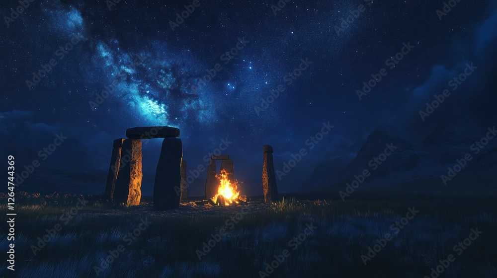 Night campfire near ancient stones, starry sky, mountains