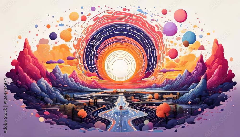 Fototapeta premium Vibrant cosmic explosion artwork depicting a radiant sun bursting with abstract colors, blending surrealism and futuristic fantasy.