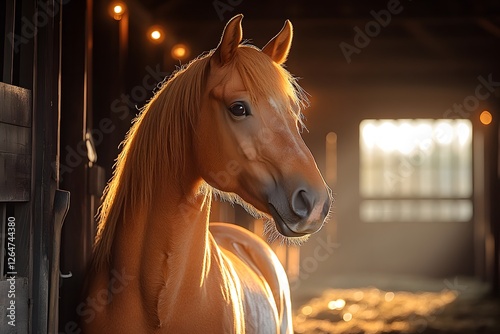 Elegant Horse in Sunlit Stable: Serene Equine Beauty for Animal Photography Design photo