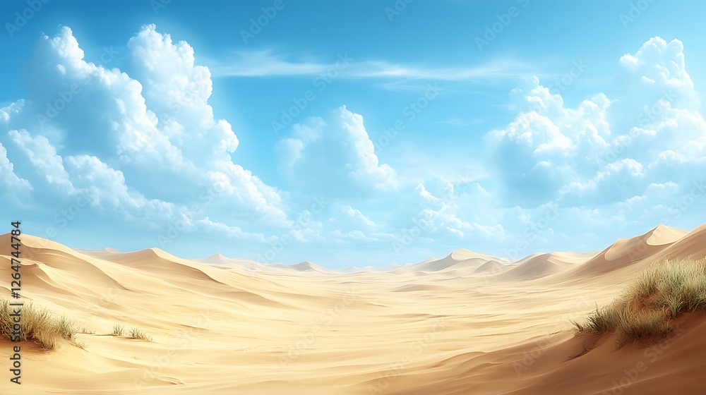 A vast desert landscape with tall, majestic sand dunes and a clear blue sky. A vast desert landscape with tall, majestic sand dunes and a clear blue sky.