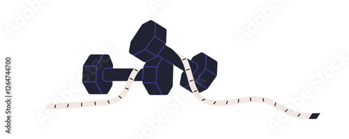 Dumbbells, measuring tape. Free weights, dumbells for fitness, sports workout, strength training, exercising. Muscle gain and weight loss concept. Flat vector illustration isolated on white background