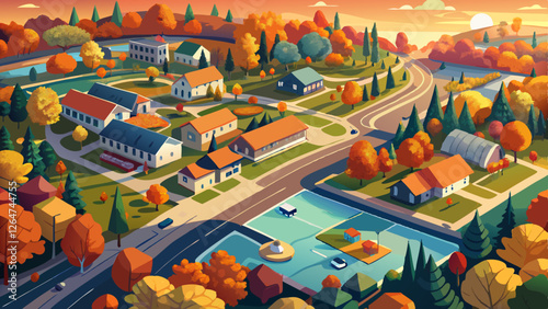 Aerial view of suburban area and autumn coloured nature in Espoo, Finland