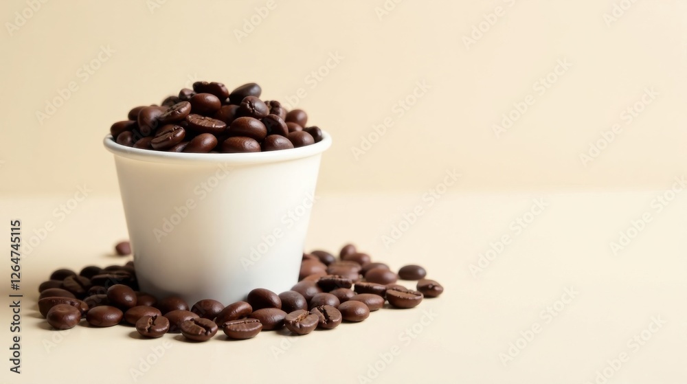 Fototapeta premium Aromatic Roasted Coffee Beans in a Simple White Cup on a Beige Background