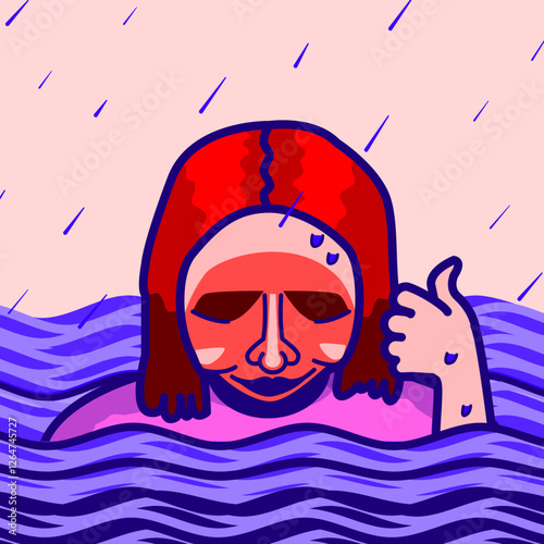 Man Giving a Thumbs-Up in the Rain Perfect for Mental Health Awareness Campaigns, Resilience-Themed Editorial Designs, Motivational Blog Illustrations, etc