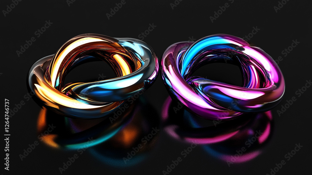 A set of colorful abstract shapes made from shiny metal rings bound on a black background A set of colorful abstract shapes made from shiny metal rings bound on a black background