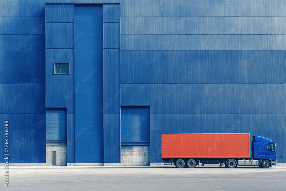 Obraz premium Orange cargo truck against a large blue industrial warehouse exterior