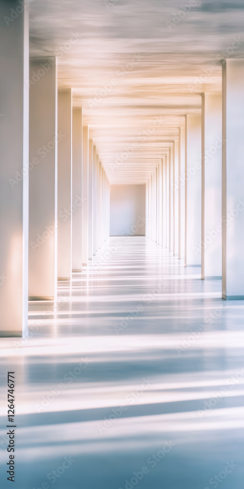 Fototapeta premium Minimalistic corridor with soft sunlight creating geometric patterns Modern architecture symmetry