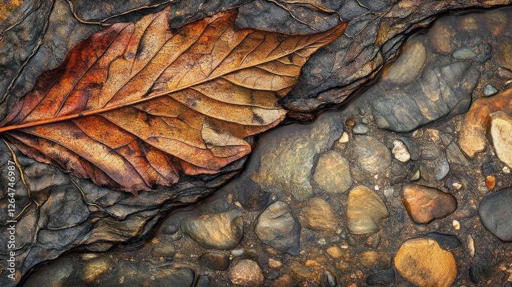 Autumn leaf on rocks by stream, nature background, website banner Autumn leaf on rocks by stream, nature background, website banner