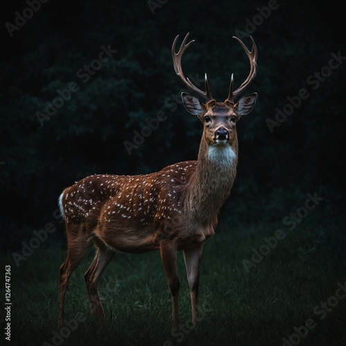 A deer with rim lighting standing in a cinematic composition against a pure black backdrop.
