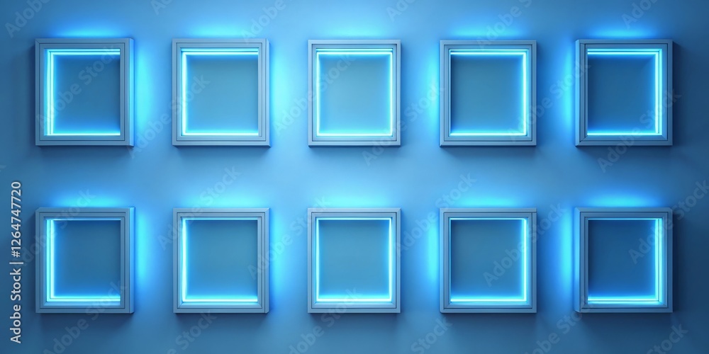 Ten Illuminated Recessed Square Display Cases on a Smooth Blue Wall, Perfect for Product Showcase or Gallery Presentation Ten Illuminated Recessed Square Display Cases on a Smooth Blue Wall, Perfect for Product Showcase or Gallery Presentation