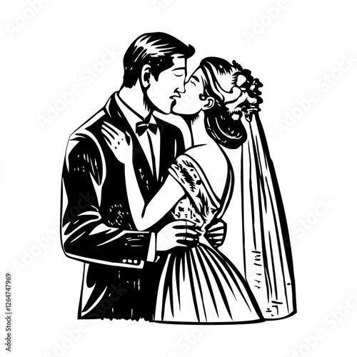 Wedding couple kissing, vintage style illustration