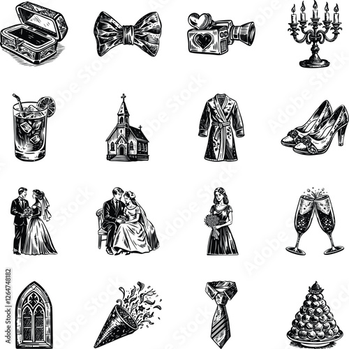Set of 16 Vintage Marriage Illustrations

