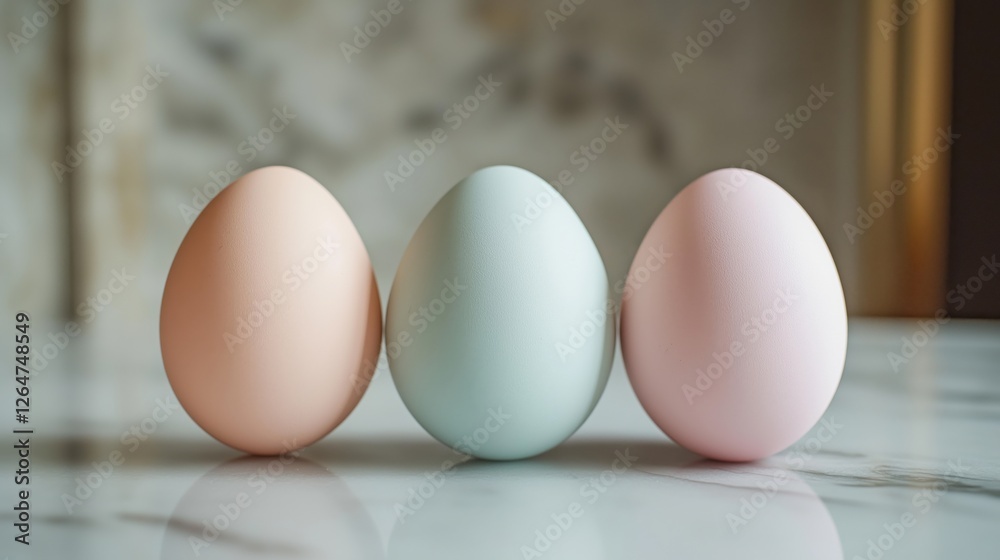 Three pastel-colored eggs arranged on marble surface in soft lighting Three pastel-colored eggs arranged on marble surface in soft lighting