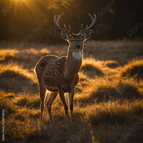 A deer standing with golden sunlight casting shadows on a plain surface.