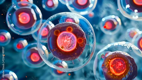 A close up of a cell with red and orange spots. The cell is surrounded by other cells, some of which are also red and orange. Concept of chaos and disorder, as the cells are scattered