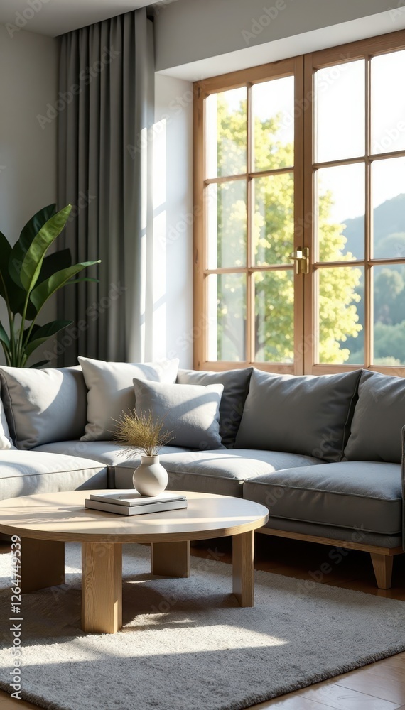 Grey sofa, minimalist wooden coffee table, large window, sunlight , wooden, design Grey sofa, minimalist wooden coffee table, large window, sunlight , wooden, design