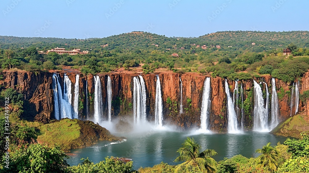 Fototapeta premium Majestic waterfalls cascading, rural landscape, Africa