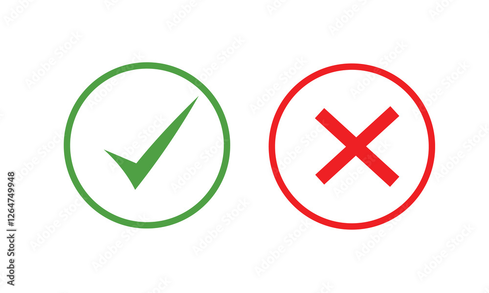 Set of red X and green check mark icons. Cross and tick symbols isolated on white background. Set of red X and green check mark icons. Cross and tick symbols isolated on white background.