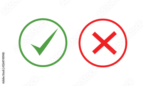 Set of red X and green check mark icons. Cross and tick symbols isolated on white  background.