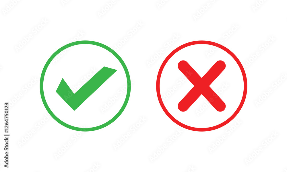 Set of red X and green check mark icons. Cross and tick symbols isolated on white background. Set of red X and green check mark icons. Cross and tick symbols isolated on white background.