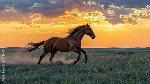 Majestic Mustang at Sunset , A Breathtaking Prairie Scene