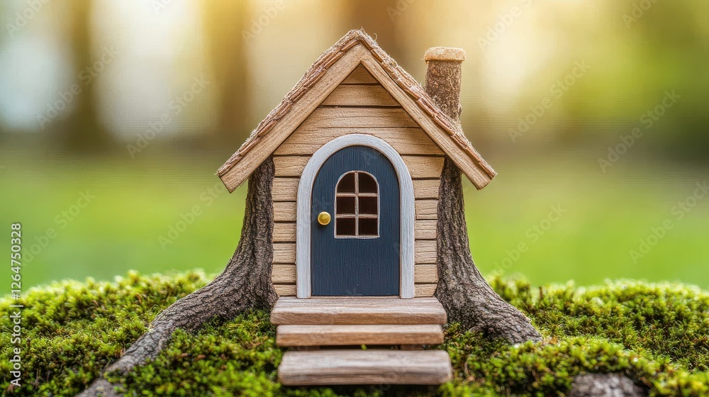 A charming miniature wooden house nestled in nature, surrounded by moss and tree roots, evoking a whimsical and cozy atmosphere. A charming miniature wooden house nestled in nature, surrounded by moss and tree roots, evoking a whimsical and cozy atmosphere.