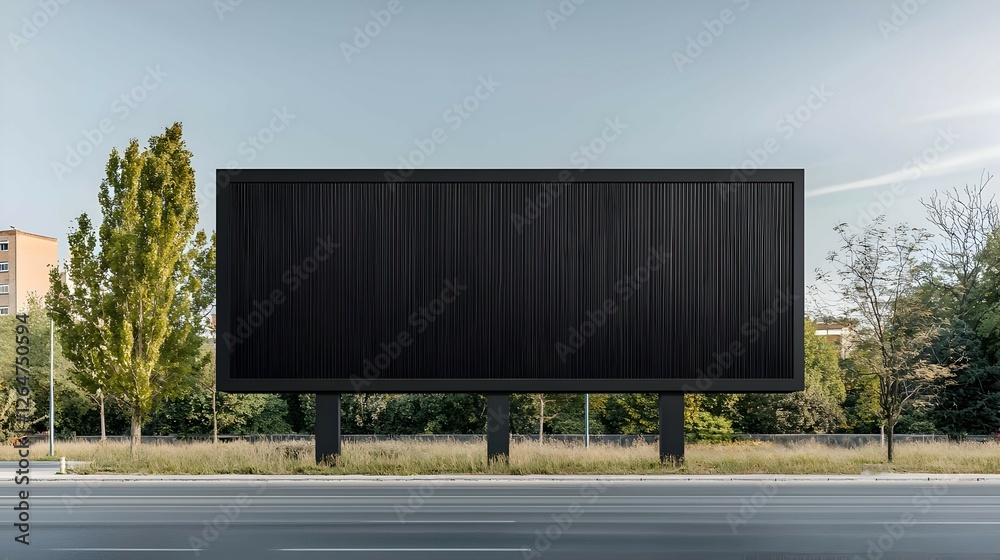 Obraz premium Black Billboard With Metallic Structure On Roadside With Trees
