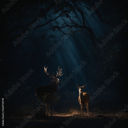 A deer standing in dramatic spotlight lighting on a dark void.