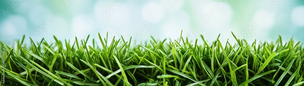 Fototapeta premium A close-up view of vibrant green grass blades against a soft, blurred background, showcasing nature's beauty and freshness.