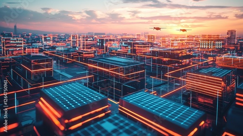Futuristic Cityscape , Neon Glow and Drone Delivery