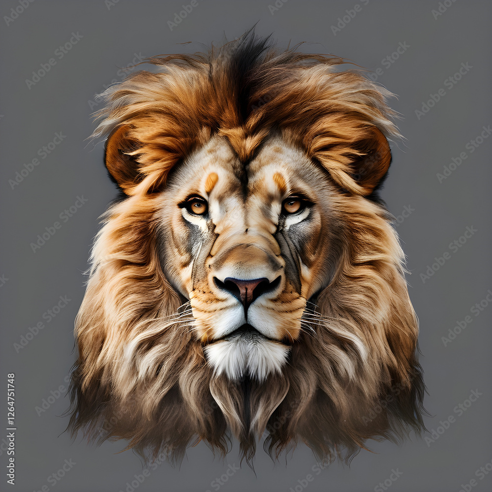 Fototapeta premium Majestic Lion Portrait with Detailed Fur and Intense Expression on a Gray Background