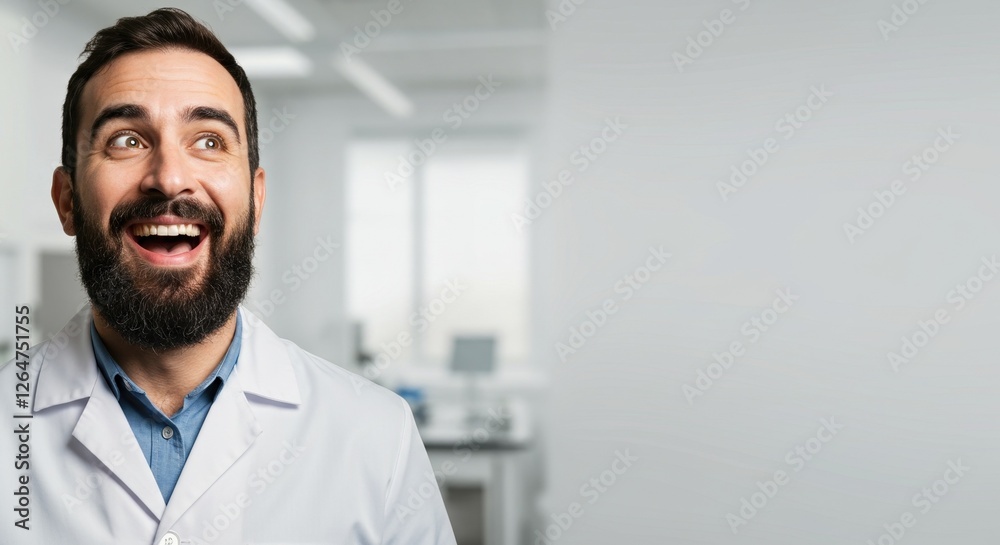 Obraz premium Smiling Doctor in Lab Coat Looking Excited in Modern Medical Office Setting