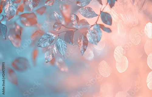 Delicate leaves branch soft pastel bokeh background photo