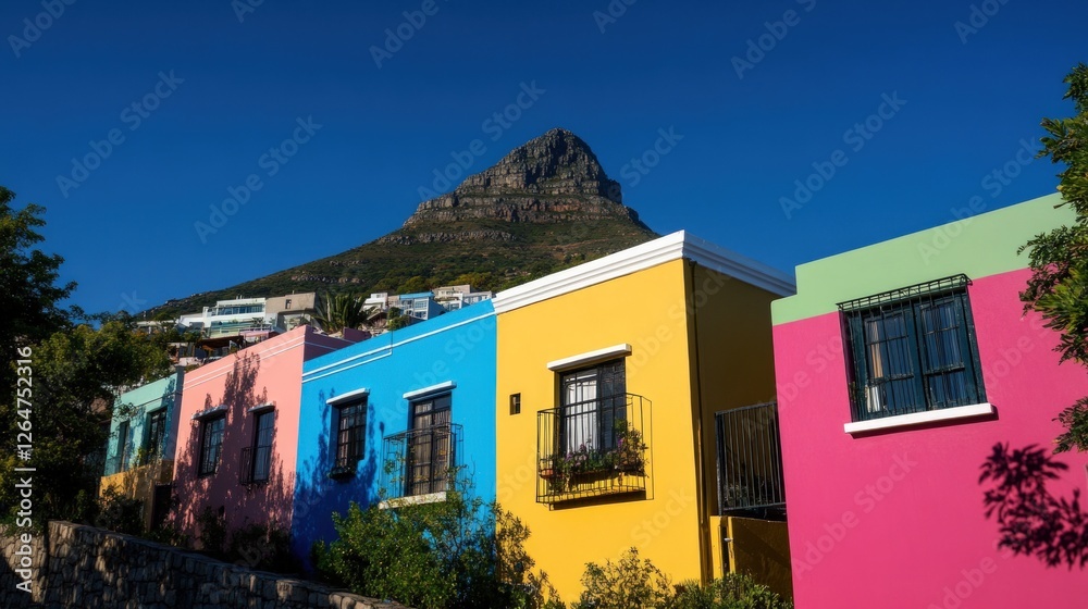 Fototapeta premium Colorful houses, mountain backdrop, sunny day, South Africa, travel postcard